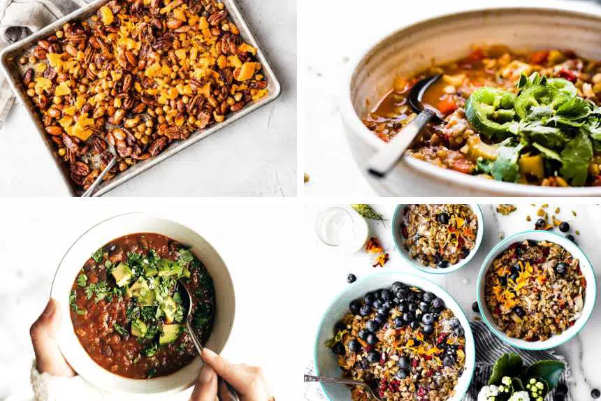collage of four plant-based instant pot recipes: roasted nuts, vegan chili, veggie stew and breakfast granola bowls