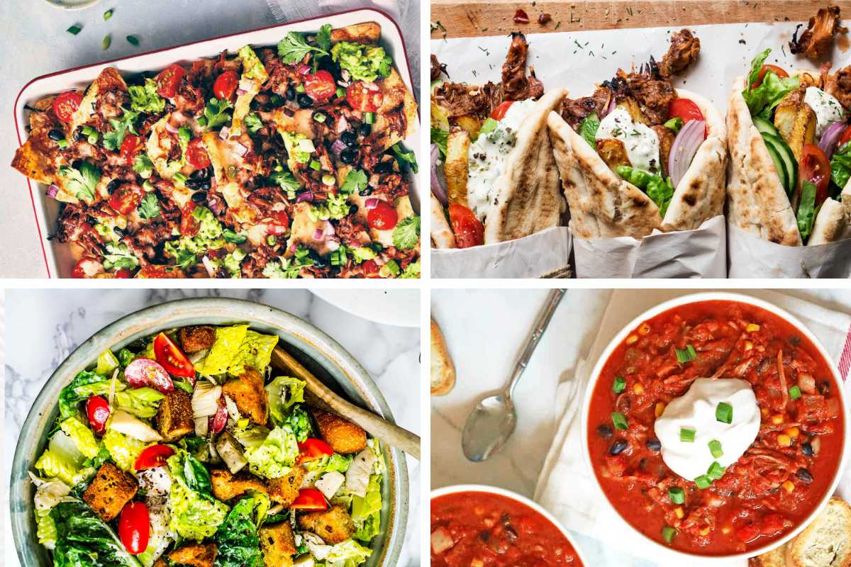 collage of Vegan Jackfruit Recipes from chili to nachos, salad or wraps