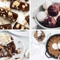 collage of four vegan keto desserts from coconut balls to lava cake, crumble and chocolate bars