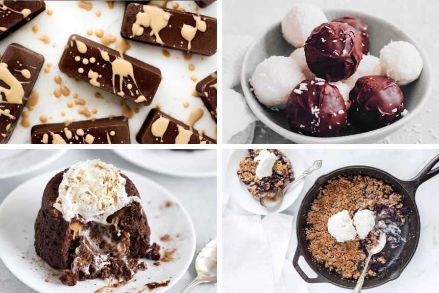 collage of four vegan keto desserts from coconut balls to lava cake, crumble and chocolate bars