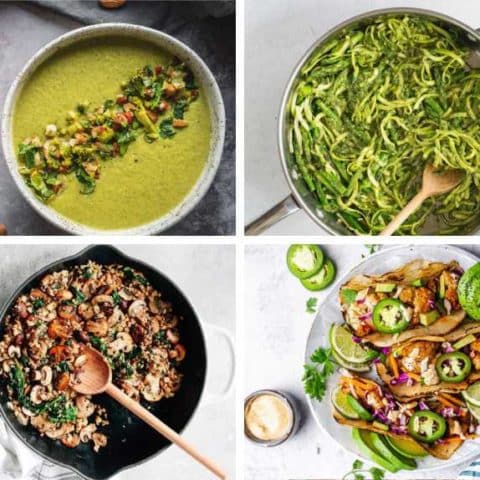 collage of four vegan keto recipes from soup to zoodles, tacos and fried veggies