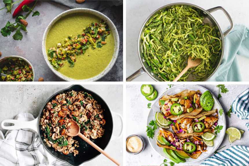 collage of four vegan keto recipes from soup to zoodles, tacos and fried veggies