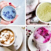 different Vegan Latte Flavors in pink, green, blue and brown