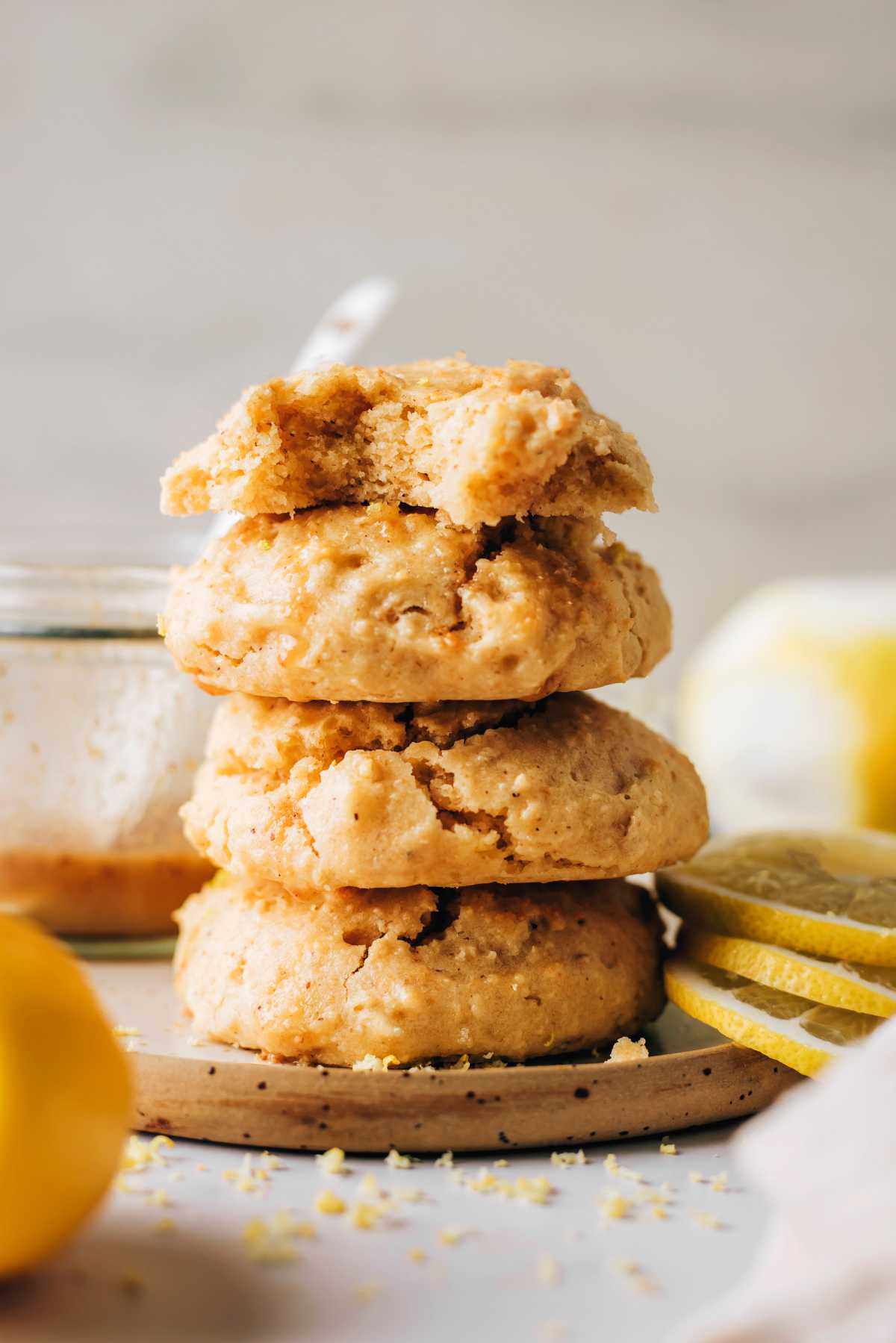 plate with 4 gluten-free lemon cookies on top of each other