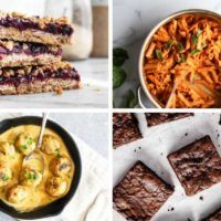 collage of four vegan low fodmap recipes from brownies and breakfast bars to pasta and meatballs