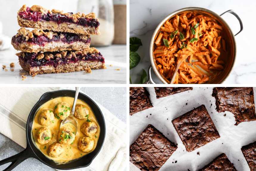 collage of four vegan low fodmap recipes from brownies and breakfast bars to pasta and meatballs
