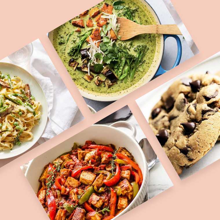 collage of four vegan recipes by the meal delivery brand vegin' out