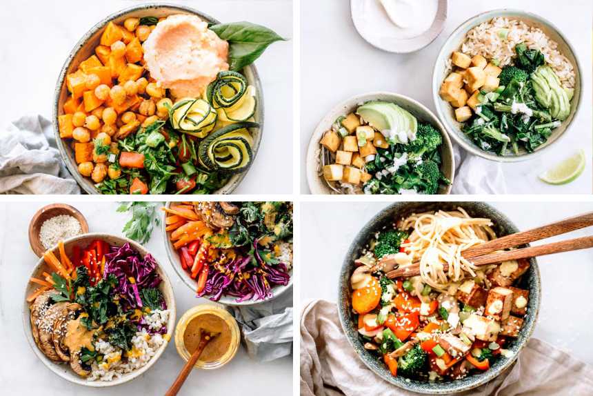 collage of four plant-based bowls recipes which are part of a 1-week vegan meal plan