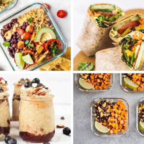 collage of 4 vegan meal prep recipes like overnight oats, meal prep bowls and wraps