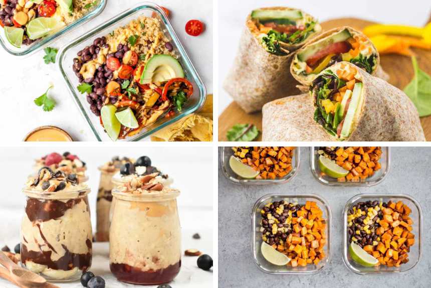 collage of 4 vegan meal prep recipes like overnight oats, meal prep bowls and wraps