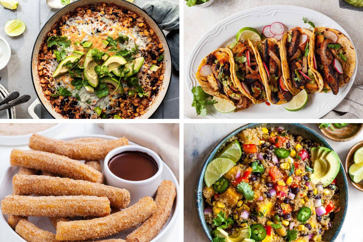 collage of four vegan mexican recipes like churros, tacos, casserole and salad