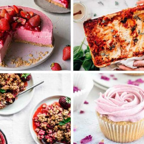 collage of four vegan recipes for Mother's Day including creamy lasagna, strawberry cheesecake, vegan crumble and rosewater cupcakes