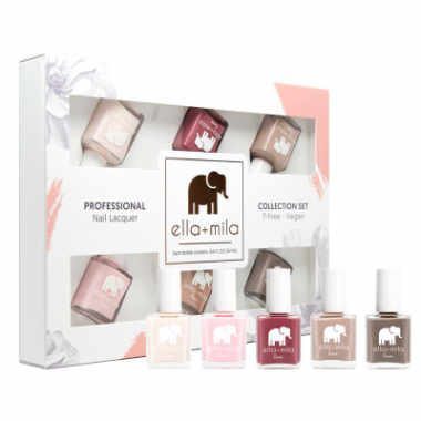 white box saying ella and mila with 6 different vegan nail polishes