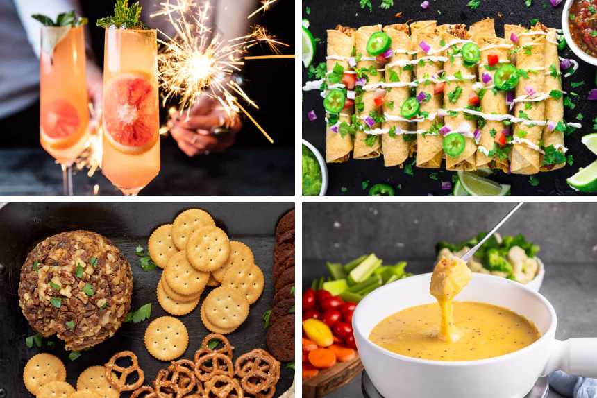 collage of 4 Vegan New Year's Eve Recipes from fondue to cheese ball, taquitos and champagne