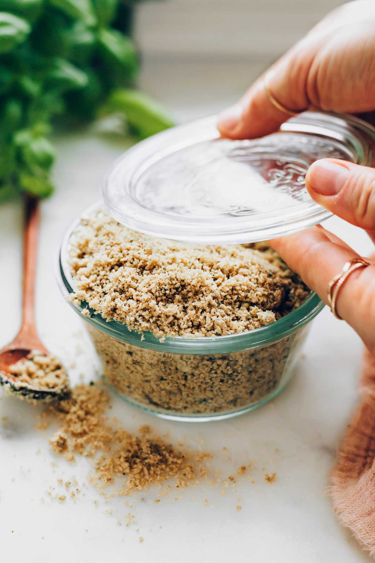 Storing Vegan Parmesan in a glass Jar