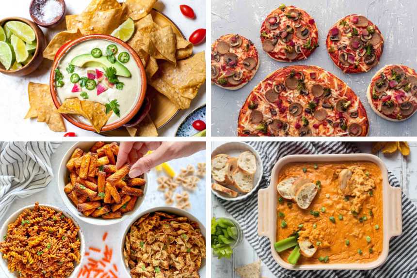 collage of four vegan party food ideas for buffets like pizza, dips and crunchy snacks