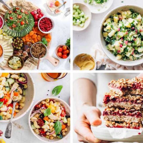 collage of 4 Vegan Picnic Potluck Ideas from potato salad to pasta salad, snack board and oat bars