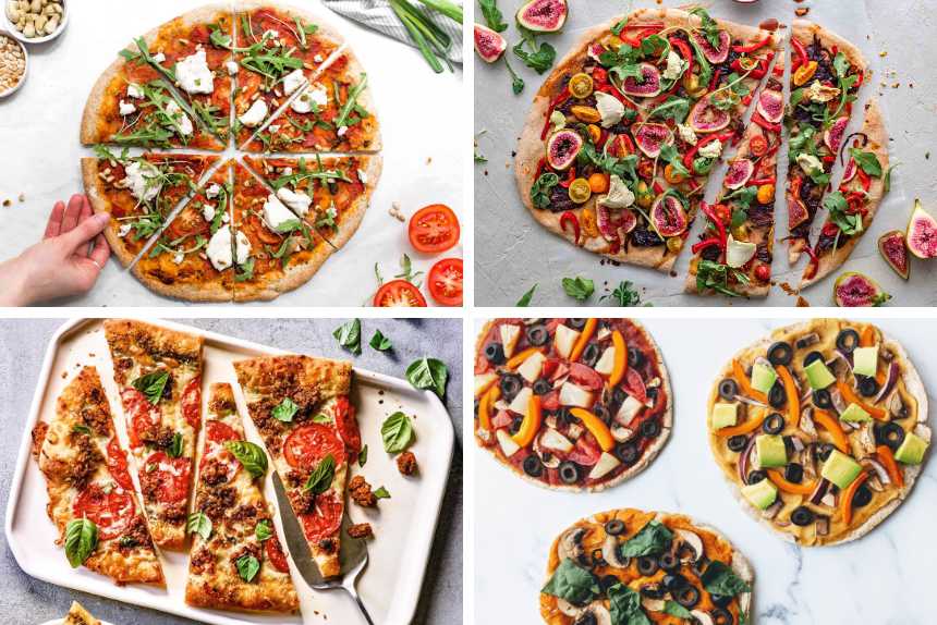 4 different Vegan Pizza Recipes from walnut crumble to cheese and caramelized onion