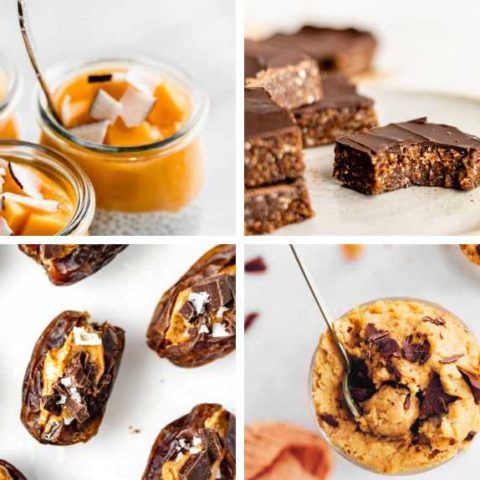 collage of four high-protein vegan snacks like edible chickpea cookie dough, chia pudding, bars and stuffed dates