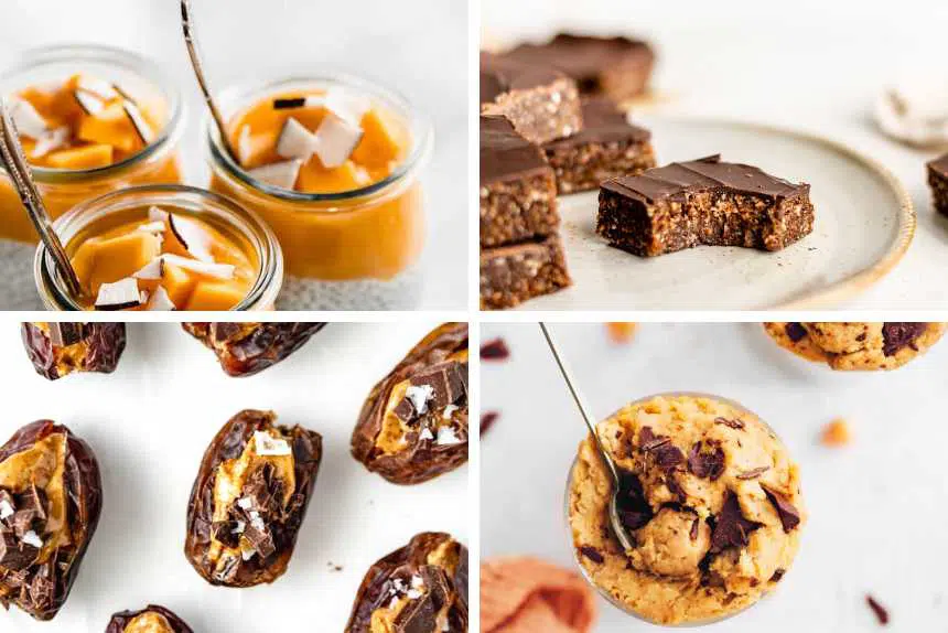 collage of four high-protein vegan snacks like edible chickpea cookie dough, chia pudding, bars and stuffed dates