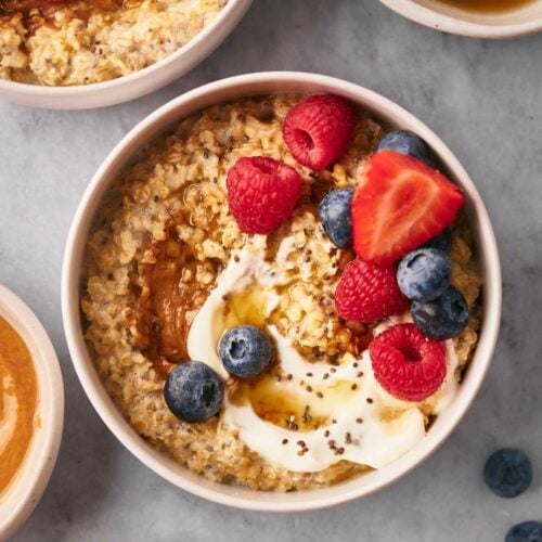 Protein Powder Oatmeal with syrup, yogurt, and peanut butter