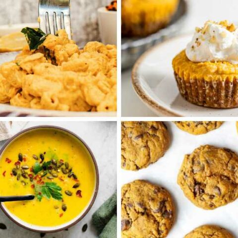 collection of four different vegan pumpkin recipes including sweet tarts and cookies as well as savory soups and pasta