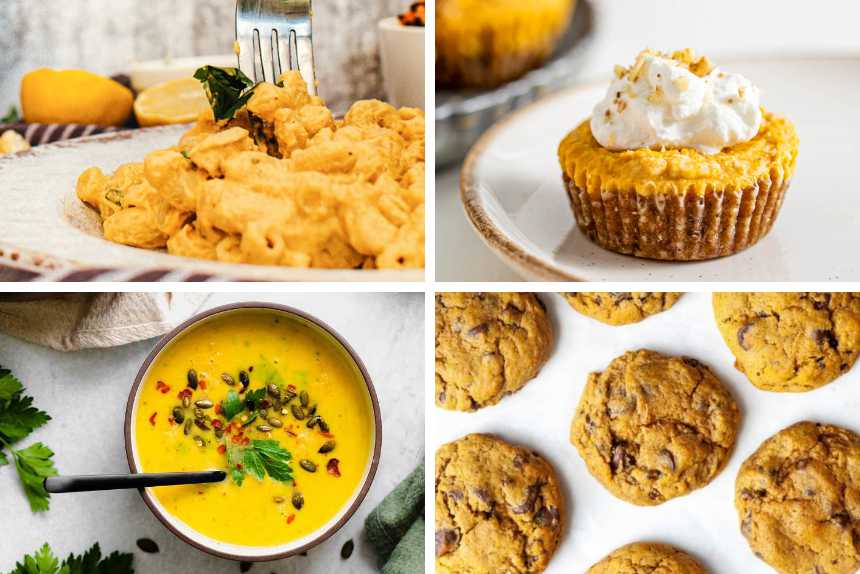 collection of four different vegan pumpkin recipes including sweet tarts and cookies as well as savory soups and pasta