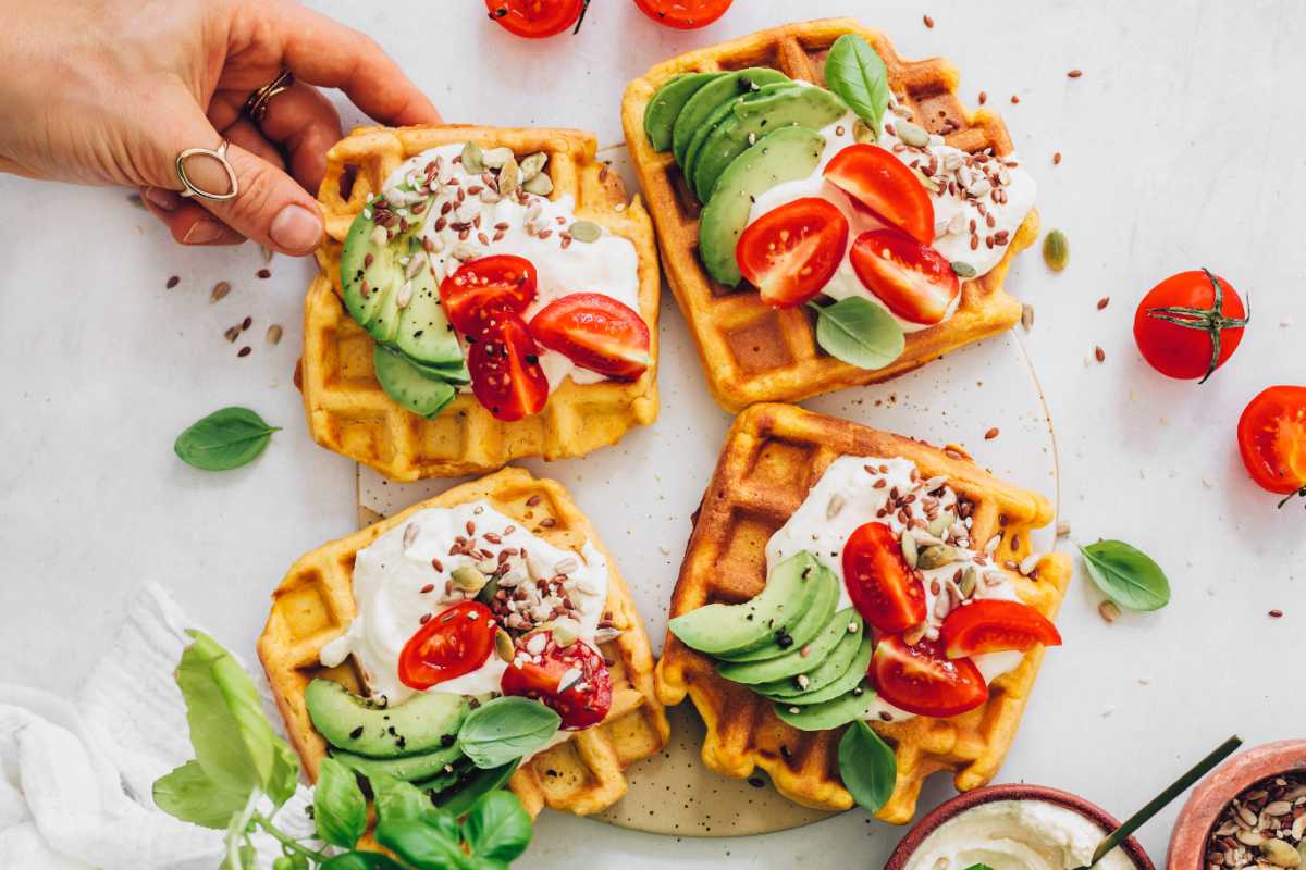 Savory Vegan Pumpkin Waffles with ricotta, tomato, and avocado