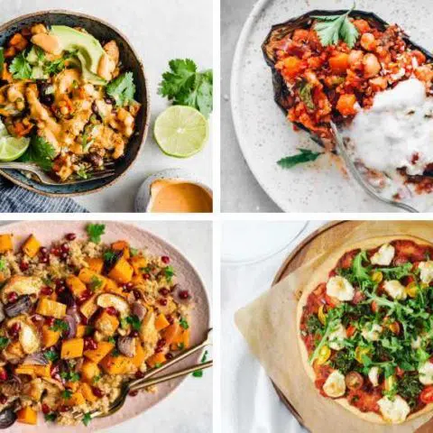 collage of 4 different vegan recipes featuring quinoa from salads to bowls, stuffed eggplant and pizza