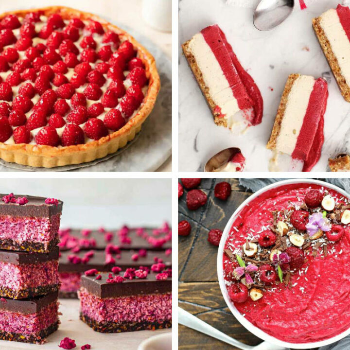 four Vegan Raspberry Recipes like cakes, tart, and smoothie