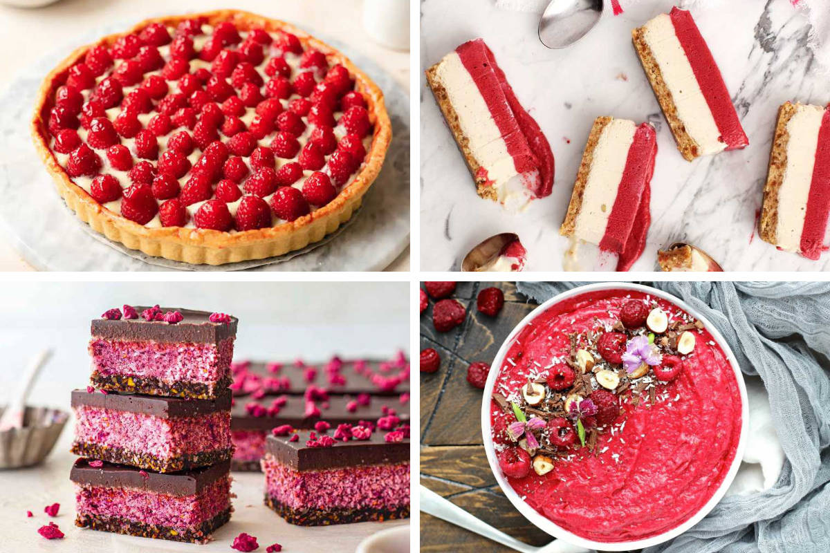 four Vegan Raspberry Recipes like cakes, tart, and smoothie