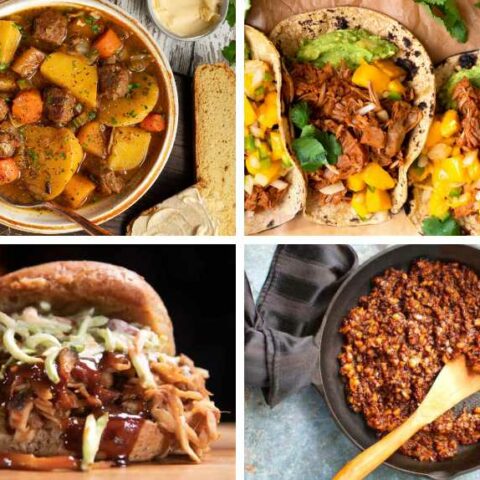 collage of four vegan recipes for meat lovers from carnitas tacos, pulled pork burger, Irish stew and spicy vegan chorizo