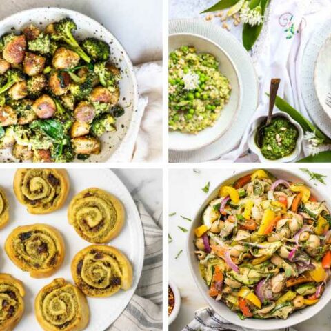 four Vegan Recipes with Pesto like pinwheels, risotto, pasta salad and potato salad