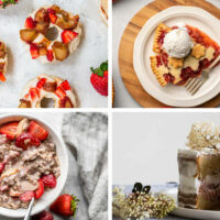 four Vegan Rhubarb Recipes like donuts, crumble, cake, and oats