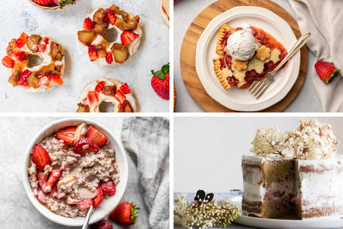 four Vegan Rhubarb Recipes like donuts, crumble, cake, and oats