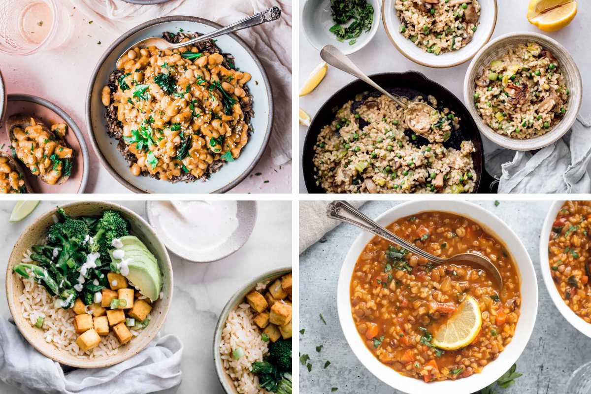 collage of Vegan Rice Recipes from risotto to soups and bowls