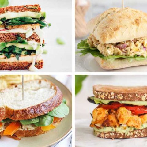 collage of four vegan sandwiches from grilled cheese to buffalo cauliflower, vegan chicken salad and hummus veggie sandwich