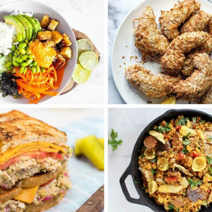 collage of Vegan Fish Seafood Recipes like shrimps, sushi bowl and tuna melt
