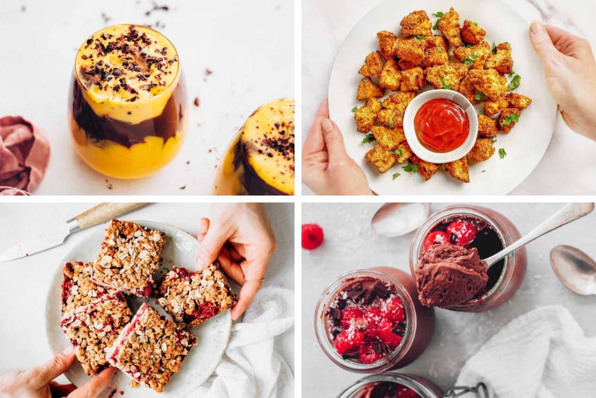 collage of four vegan snacks for kids like chocolate mousse, flapjacks, mango chocolate smoothie and tofu nuggets