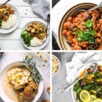 collage of four vegan soul food dishes from grits to cornbread muffins, gravy and collard greens with beans