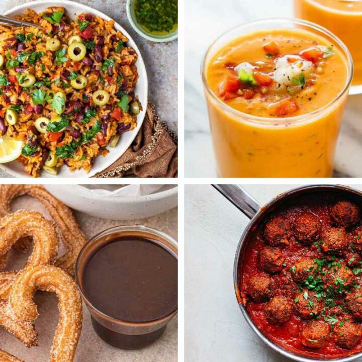 4 Vegan Spanish Recipes like gazpacho, meatballs, rice and beans, and churros