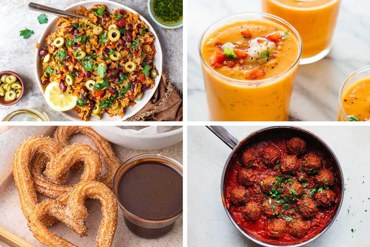 4 Vegan Spanish Recipes like gazpacho, meatballs, rice and beans, and churros