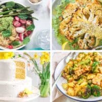collage of 4 Vegan Spring Recipes from cauliflower steaks to roasted potatoes, colorful bowl and almond cake