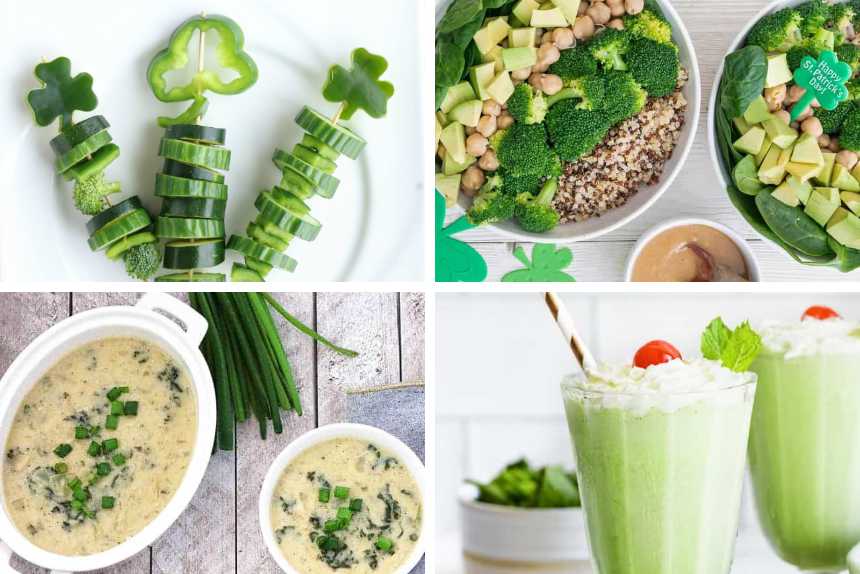 collection of four Vegan St Patrick's Recipes like shamrock skewers, veggie bowl, shamrock shake and colcannon soup