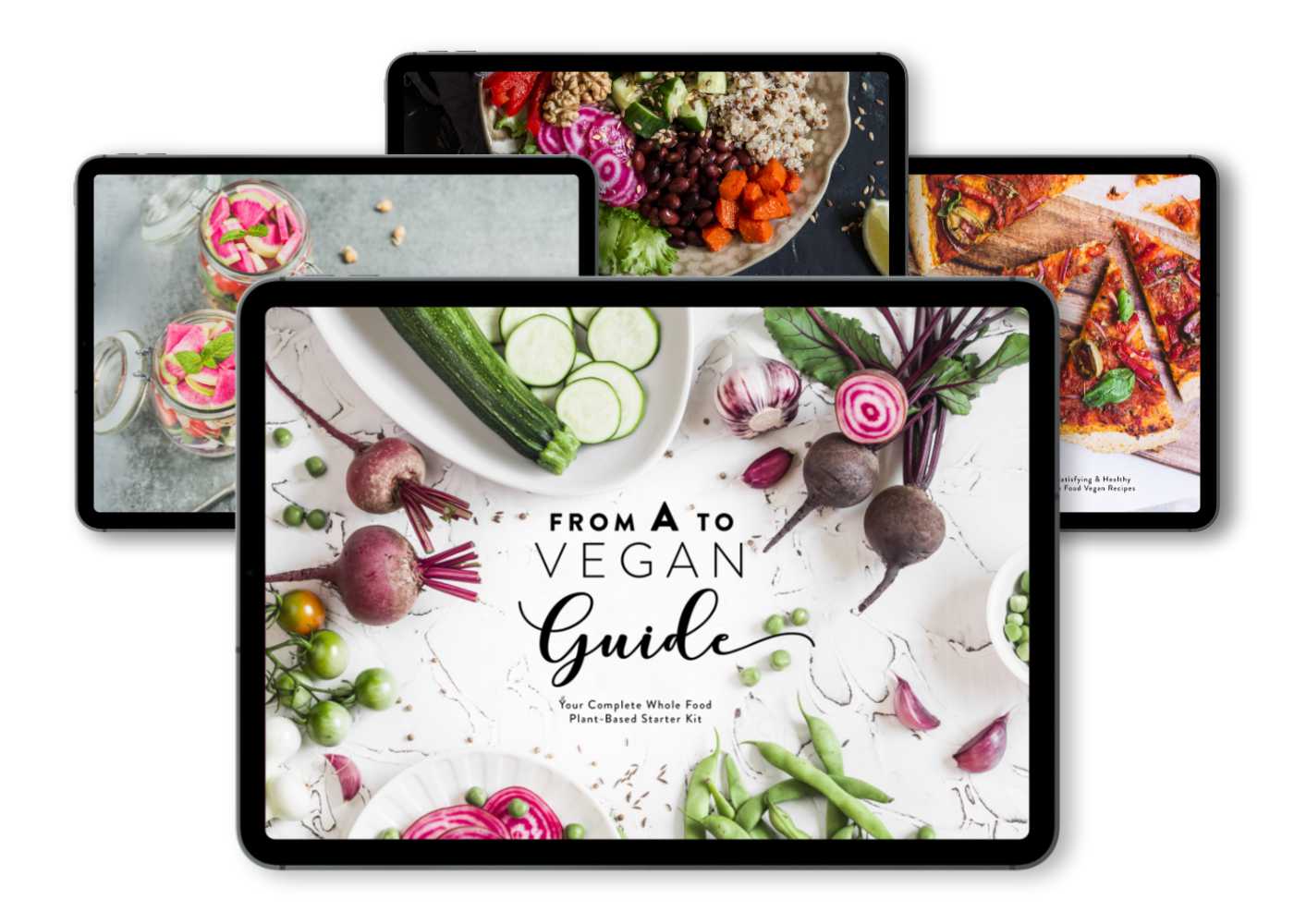 Four iPads displaying Nutriciously's Vegan Starter Kit