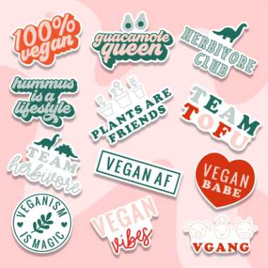 pink surface with a dozen of different vegan stickers