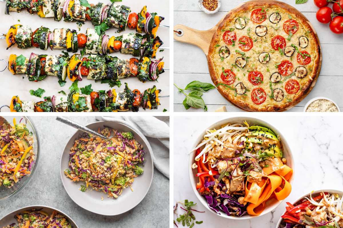 different vegan summer recipes like pizza, bowls, salad and skewers