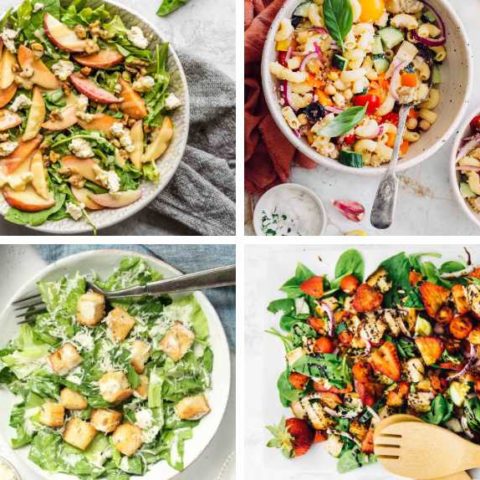 collage of four vegan summer salads from pasta salad to panzanella, caesar salad and peach salad