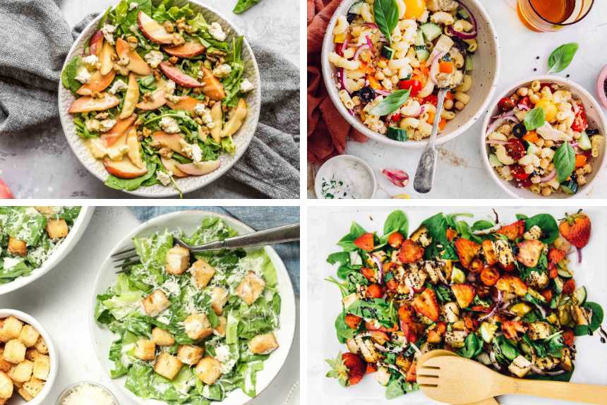 collage of four vegan summer salads from pasta salad to panzanella, caesar salad and peach salad