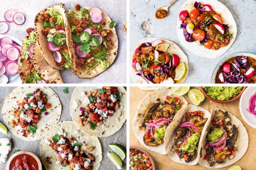 collage of Vegan Taco recipes including mushroom, lentil, chorizo and white bean ones